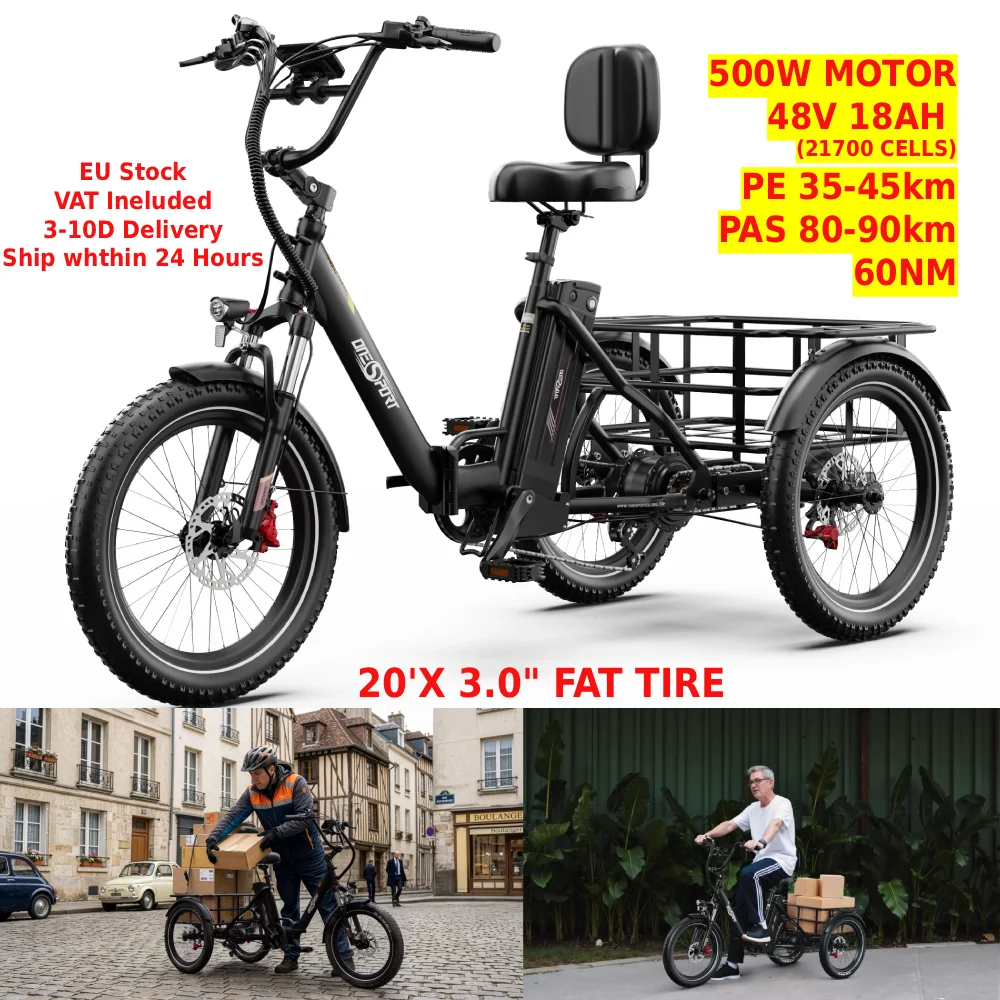 Tricycle électrique pliable ONESPORT OT30PRO 48V 500W avec batterie 18Ah, capteur de couple, 7 vitesses, freins à disque hydrauliques, vélo cargo électrique avec application