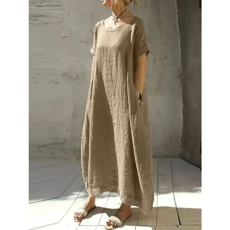 

Plus Size New Summer Women’s Solid Color Long Loose Short Sleeved Dress Women Round Neck Fashion Dress