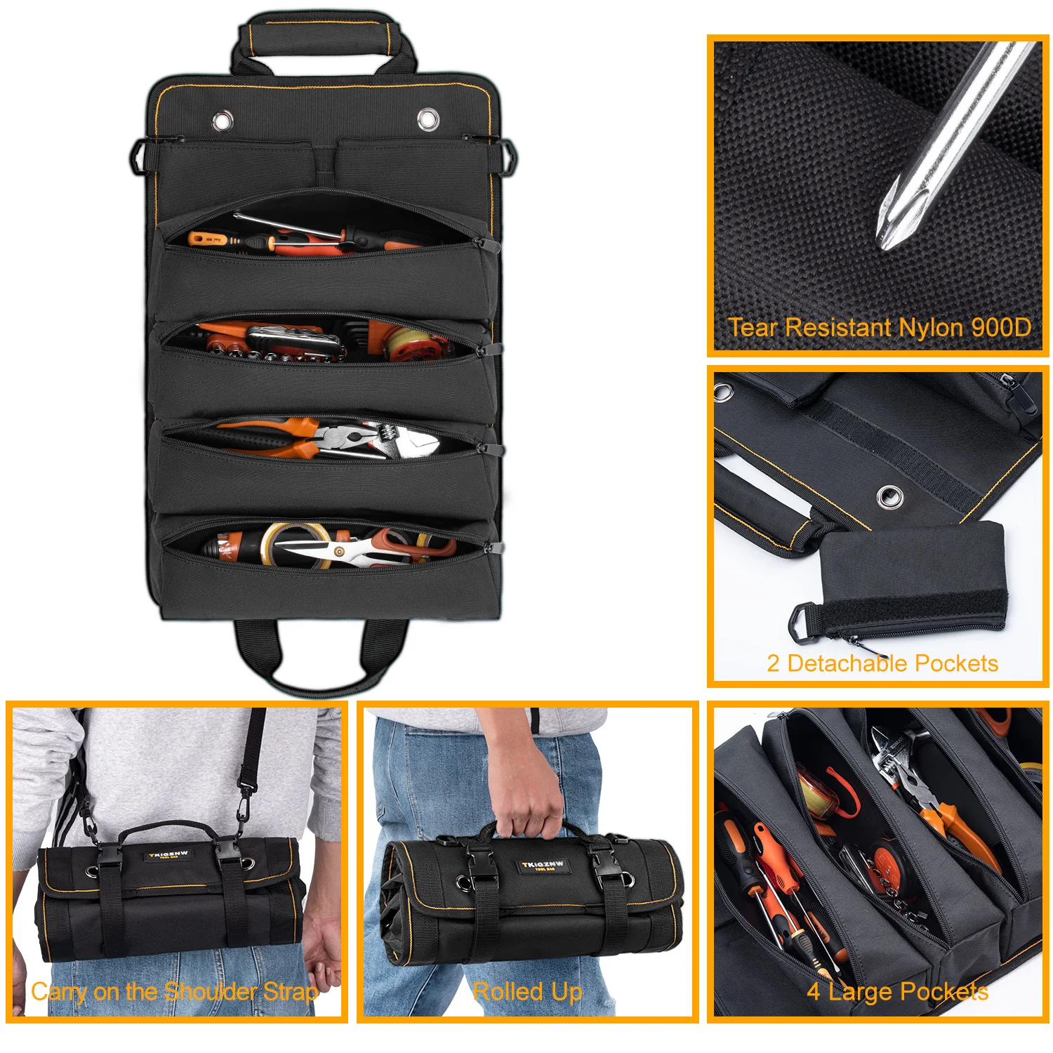 TKIGZNW Tool Bag Roll Up, Heavy Duty Rolled Empty Tool Storage Organization, Portable Foldable Rollup Organizer with 2 Small