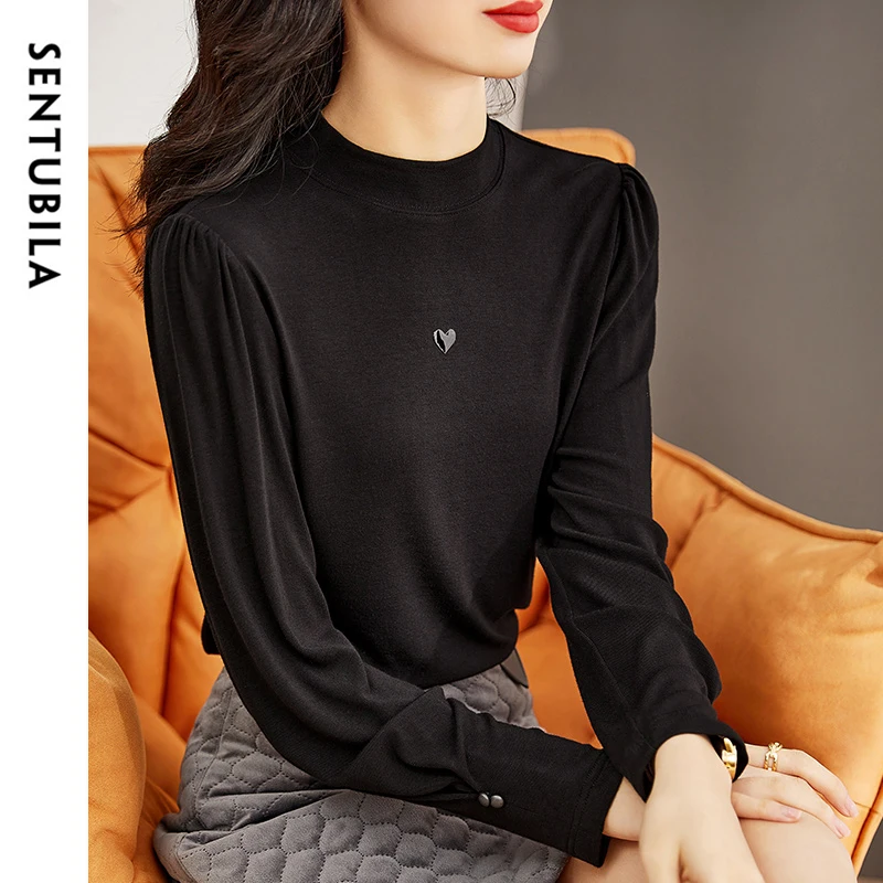 

SENTUBILA Cotton Knitted Print T-shirt For Women 2024 Winter Half High Collar Puff Sleeve Straight Women Clothing 143T55503C