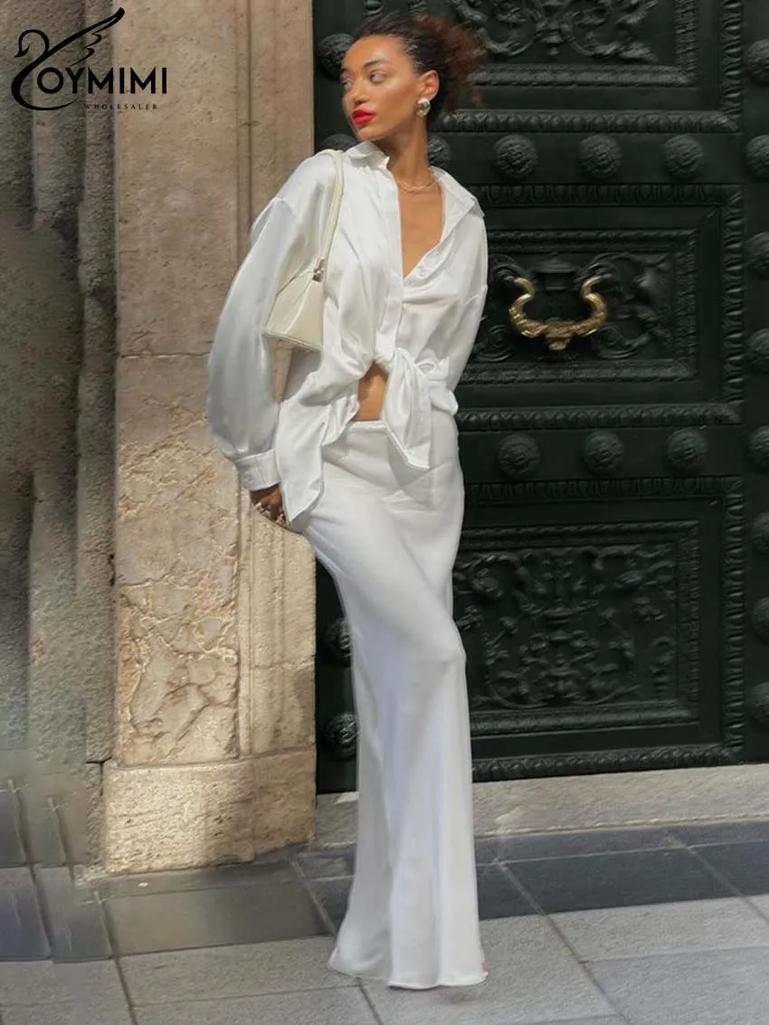 Oymimi Fashion White Satin Women Two Piece Set Elegant Long Sleeve Button Side Slit Shirts And Simple Slim Straight Skirts Sets