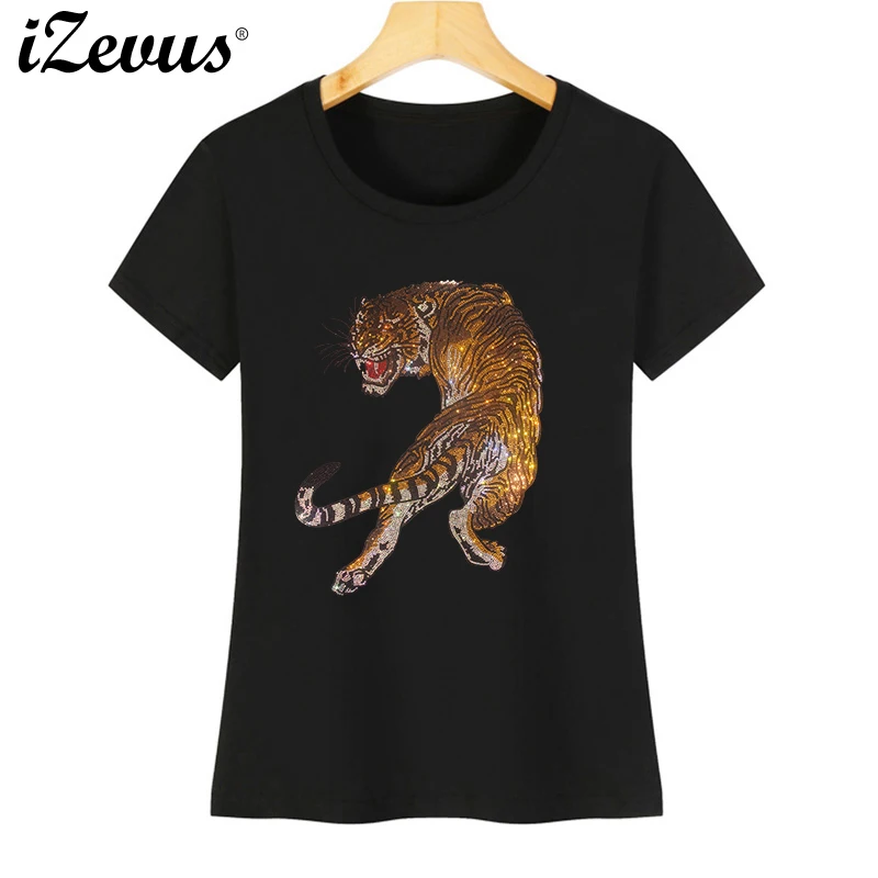 

Trendy Summer T-Shirts for Women with Rhinestone Tiger Designs