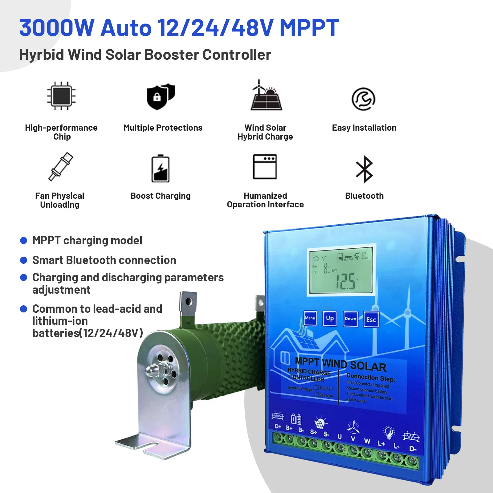 Imagem -02 - Mppt Vento Híbrido Solar Controlador de Carga Display Lcd Construído em Bluetooth Regualtor para Lifepo4 Bateria de Lítio 12v 24v 48v 2000w