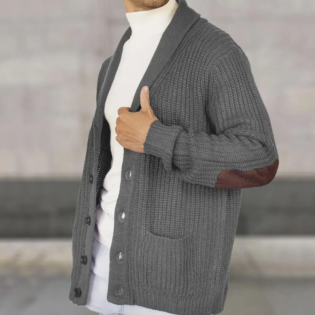 

Casual Lapel Cardigan Thick Warm Knitted Cardigan Coat with Faux Suede Patchwork for Men Long Sleeve Mid Length Sweater Coat