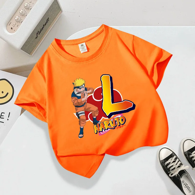 

Narutos Orange T-shirt Boy Girl Fun Letters A-Z Cartoon Anime Short Sleeves Children's Fashion Tee Leisure Home Clothes Top Gift