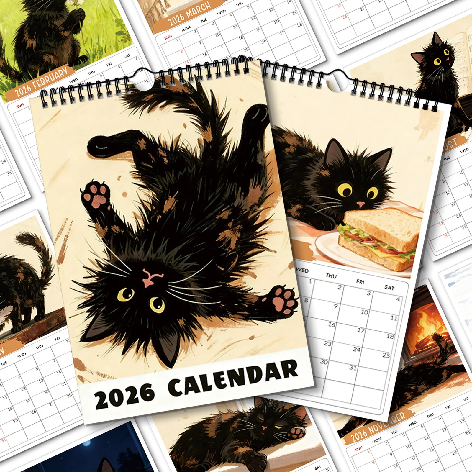 

1PC 2026 Wall Calendar, Black Cat Theme, Perfect for Home & Office Decor,12 Different Beautiful Patterns, Wall Calendar