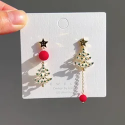 Merry Christmas Xmas Tree Red Ball Asymmetric Stud Earrings for Women New Year Snowflake Bell Deer Zircon Festival Earring