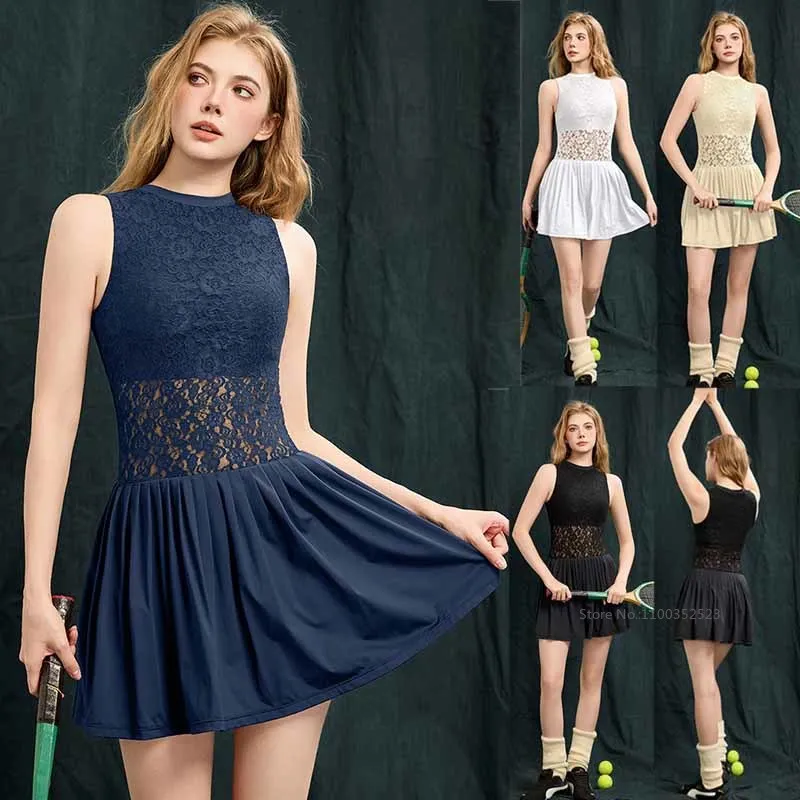 Women Lace Yoga Tennis Dress Built-in Bra and Short Ladies Elegant Fitness Dresses Summer Hollow Out Pleated Workout Skirts