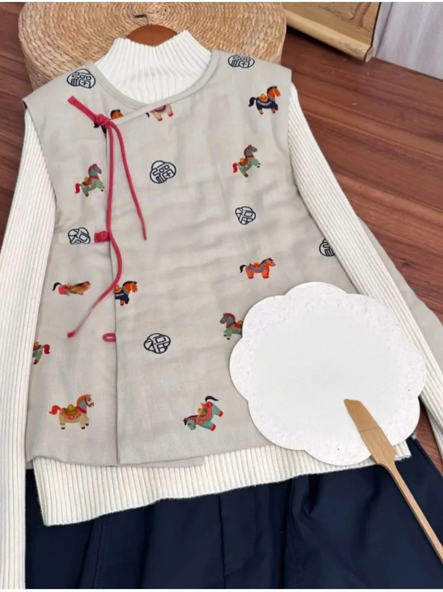 

Новый китайский национальный тренд, льняной жилет с высоким дизайном, хлопковая веревка с вышивкой и маленьким цветочным узором, верхнее пальто