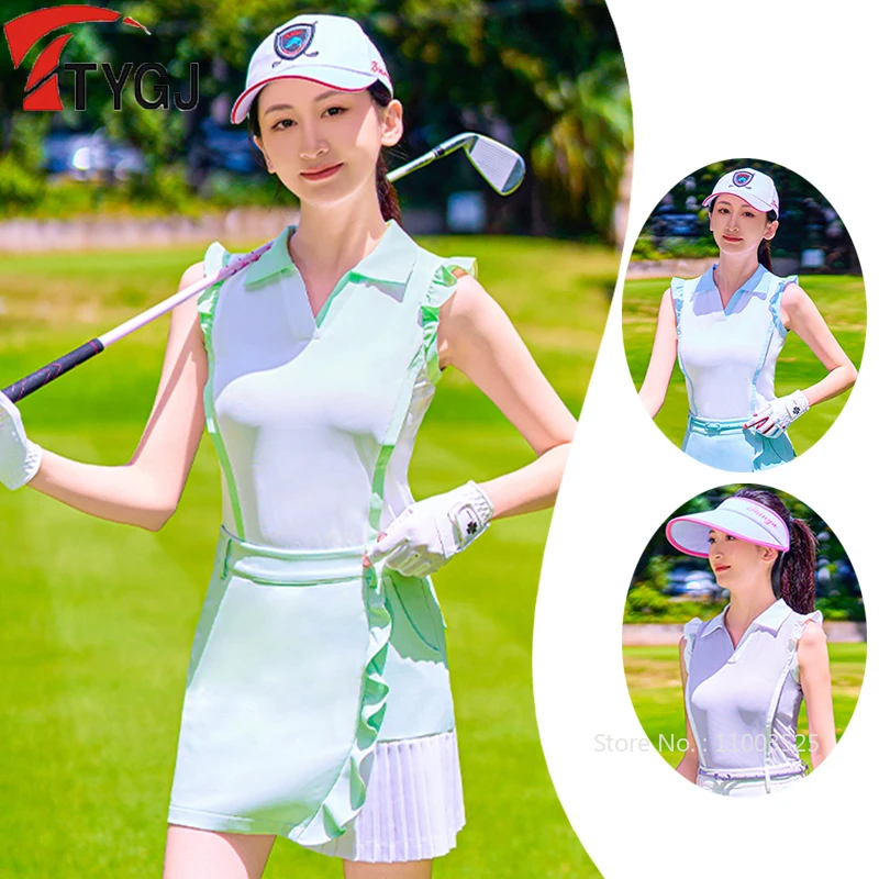 Ttygj Quick Dry Golf Polo T-Shirt Sleeveless Women Golf Tank Top Ruffle Fly Sleeve Tennis Stretchy Shirts V-neck Sports Clothing