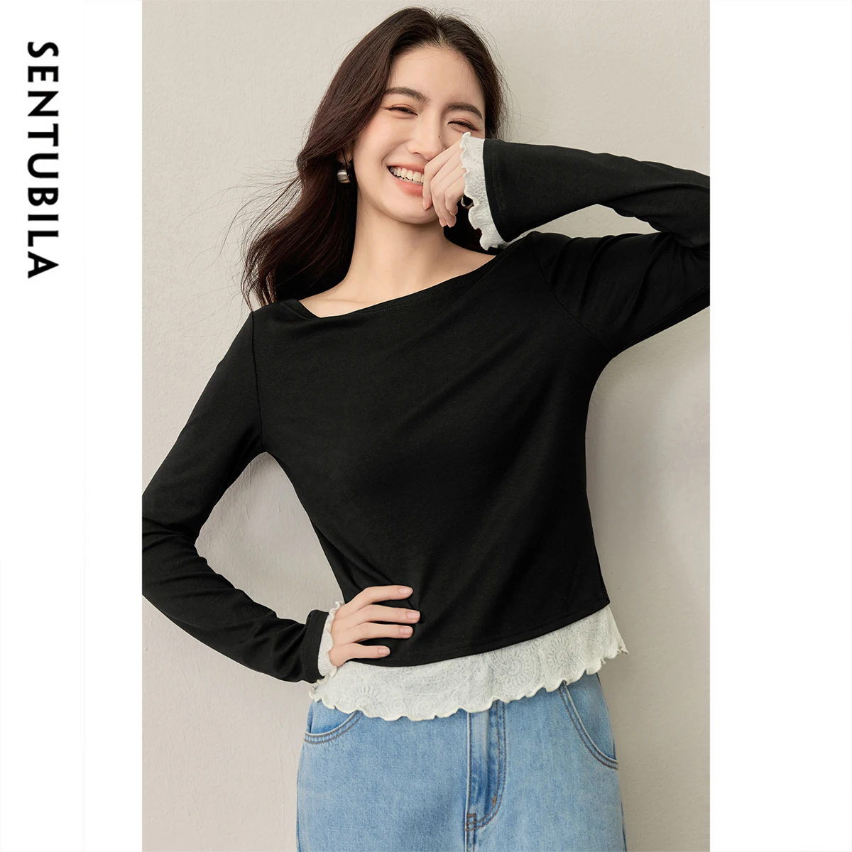 Sentubila roupas femininas rendas emenda malha topo 2025 outono inverno elegante comute slash neck pullovers 153sh2838