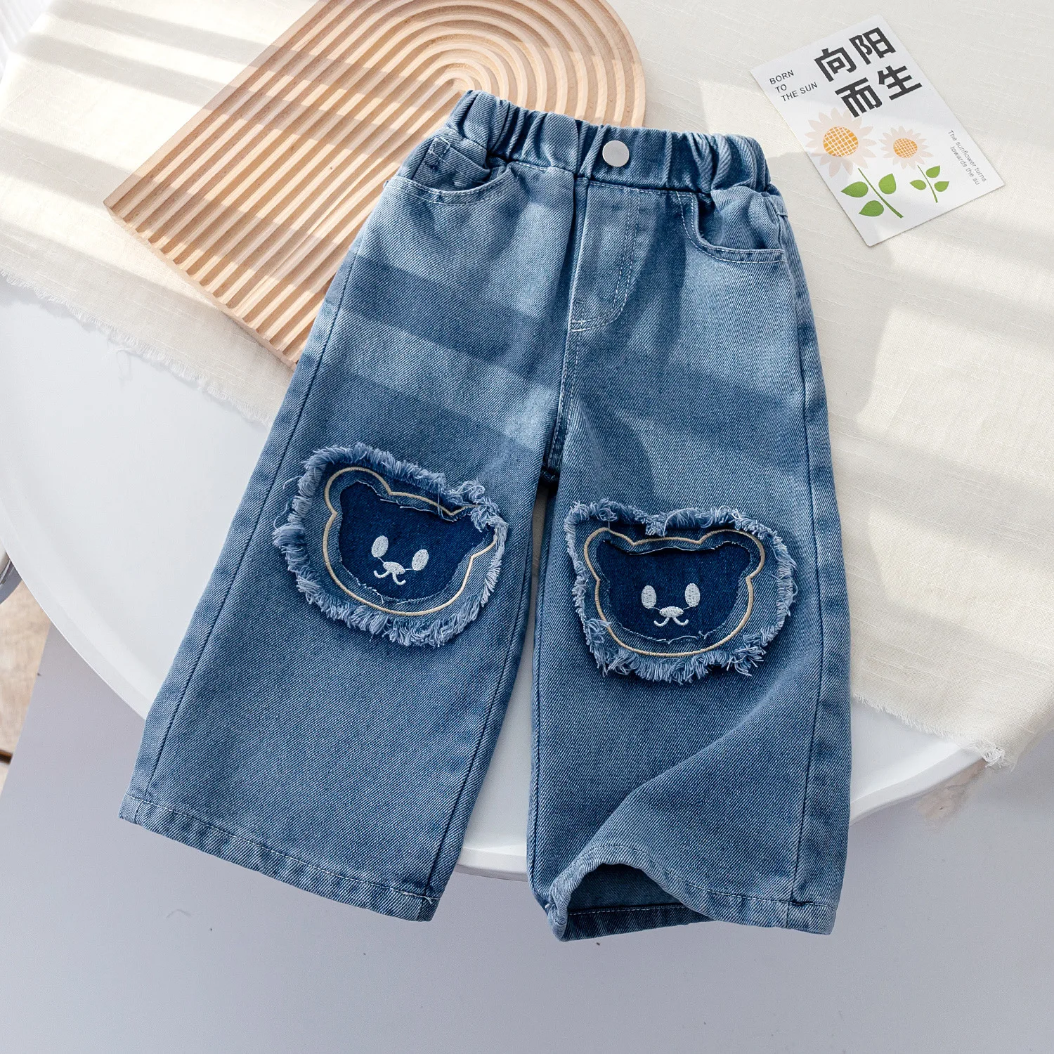 

UNITIM Kids Baby Girls Straight Leg Pant Bear Jacquard Newborn Girls Jeans 2026 Spring Elastic Waist Children Girls Demin Pant