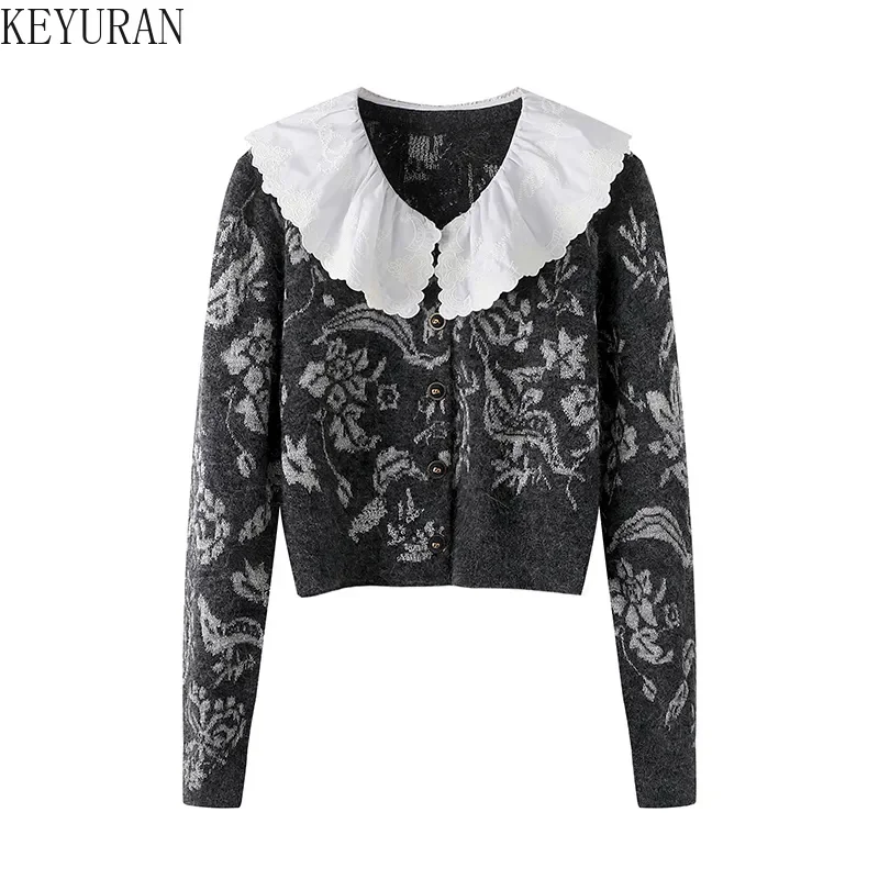 2023 Autumn Winter Peter Pan Collar Vintage Jacquard Sweater Cropped Knitted Cardigan Coat Women Long Sleeve Top Knitwear Jumper