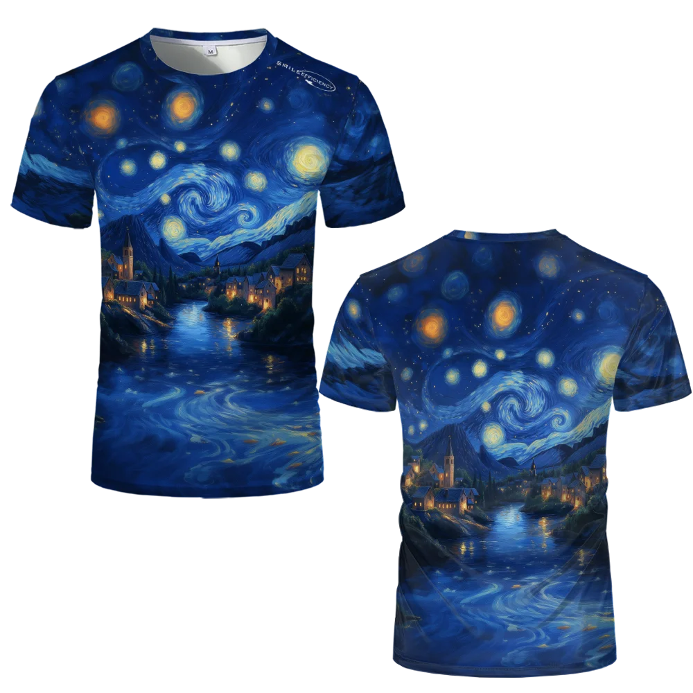 Country Town Star And Moon Pattern 3D Printed T-shirt 100% Polyester Loose Casual Short Sleeve Shirt Street Painting Clothing