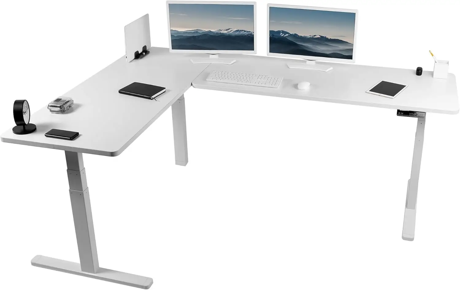 Electric Height Adjustable 83 x 60 inch Corner Stand Up Desk 2 White Solid Table Tops Black Frame L-Shaped Workstation