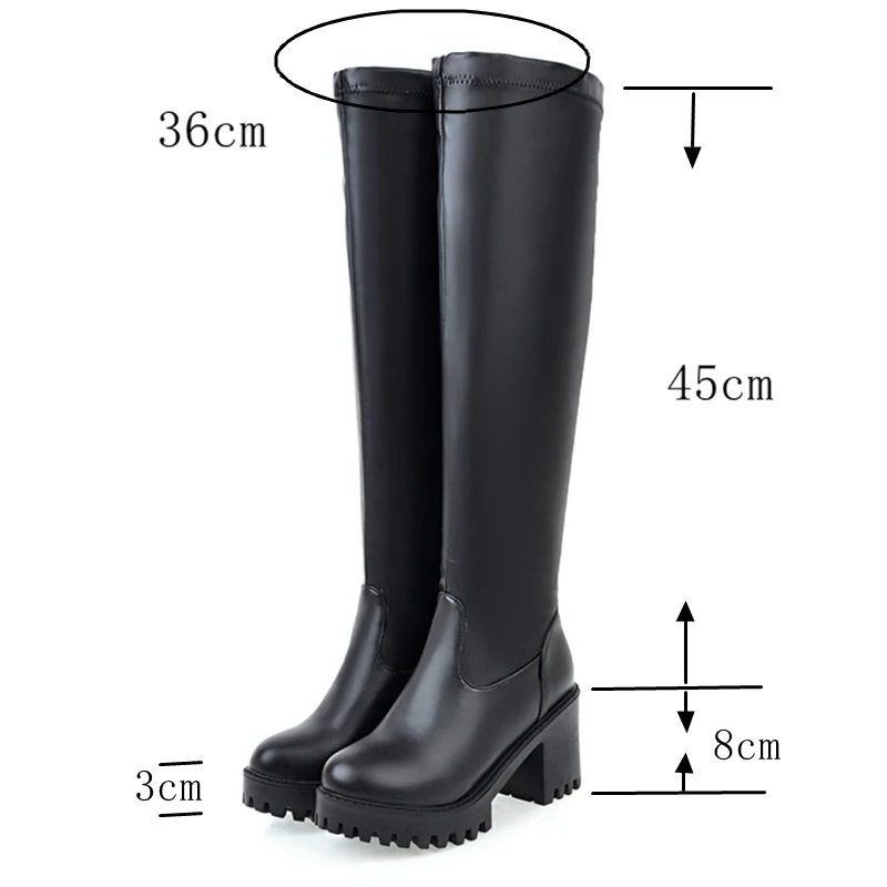 Girseaby New Big Size 34-45 14 Thick Platform Women Sexy Slip On Square High Heels Long Boots waterproof Winter Black White F198