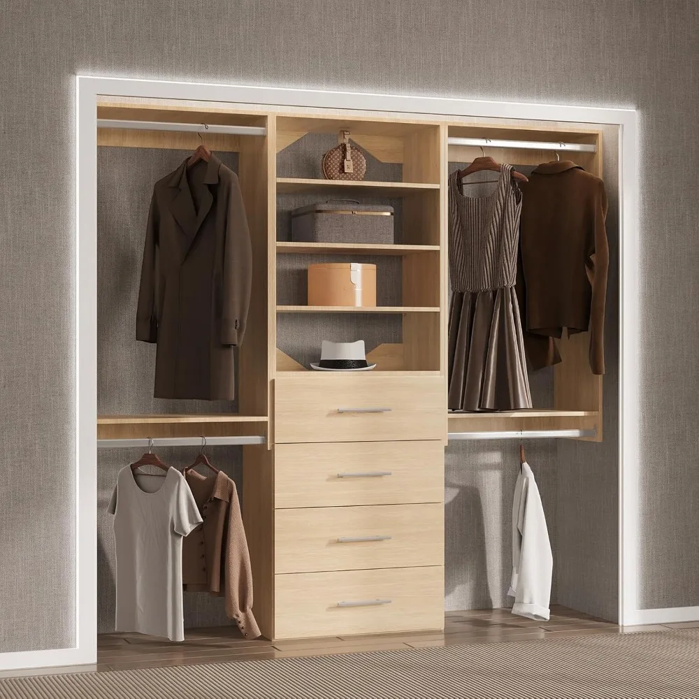 Sistema modular de organizador de armário de madeira para soluções de armazenamento walk-in, armazenamento eficiente de roupas em unidade de torre curta de 4 gavetas