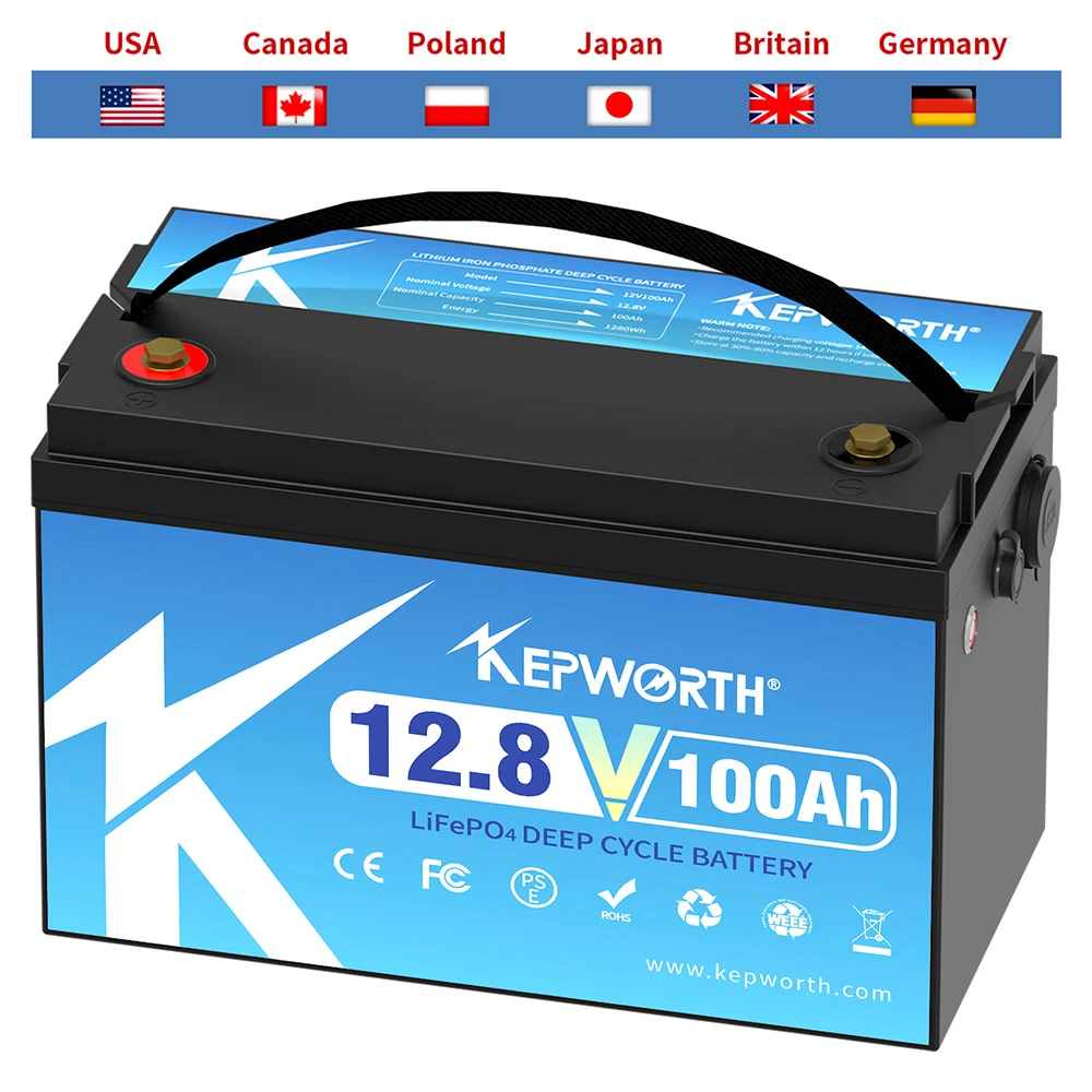 KEPWORTH-batería LiFePO4 de 12V, 100Ah, 120AH, BMS mejorado incorporado, hasta 6000 ciclos profundos, perfecta para RV, energía marina y doméstica,