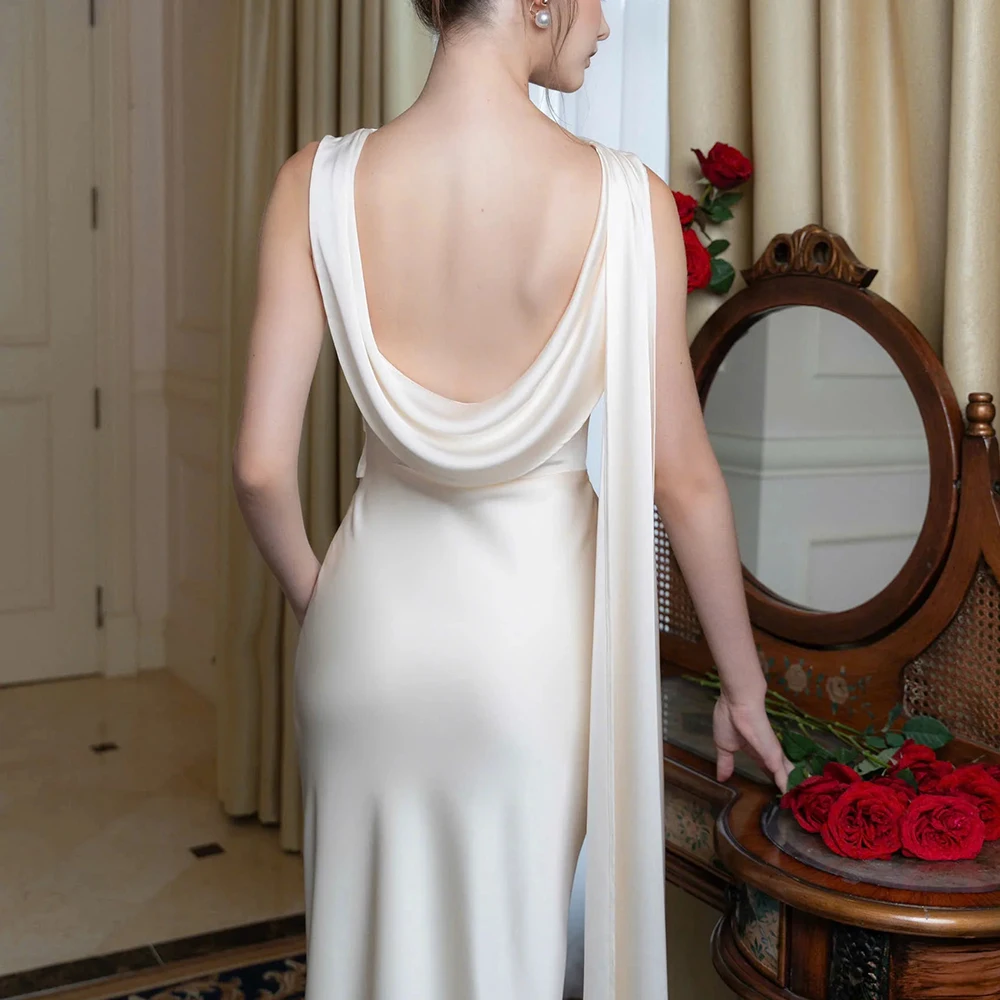Women's Elegant Sleeveless Backless Satin Bodycon Maxi Dress Cocktail Evening Party Luxury Long Gown Wedding Guest White Dresses