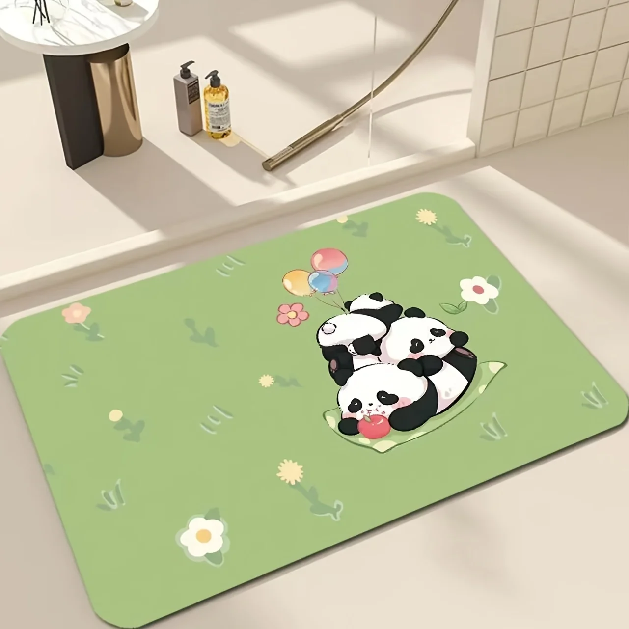 VIKAMA Cute Bow Panda Bathroom Doormat Lovely Cartoon Panda Hi‑word Print Soft Water‑absorbing Non‑slip Household Floor Mat