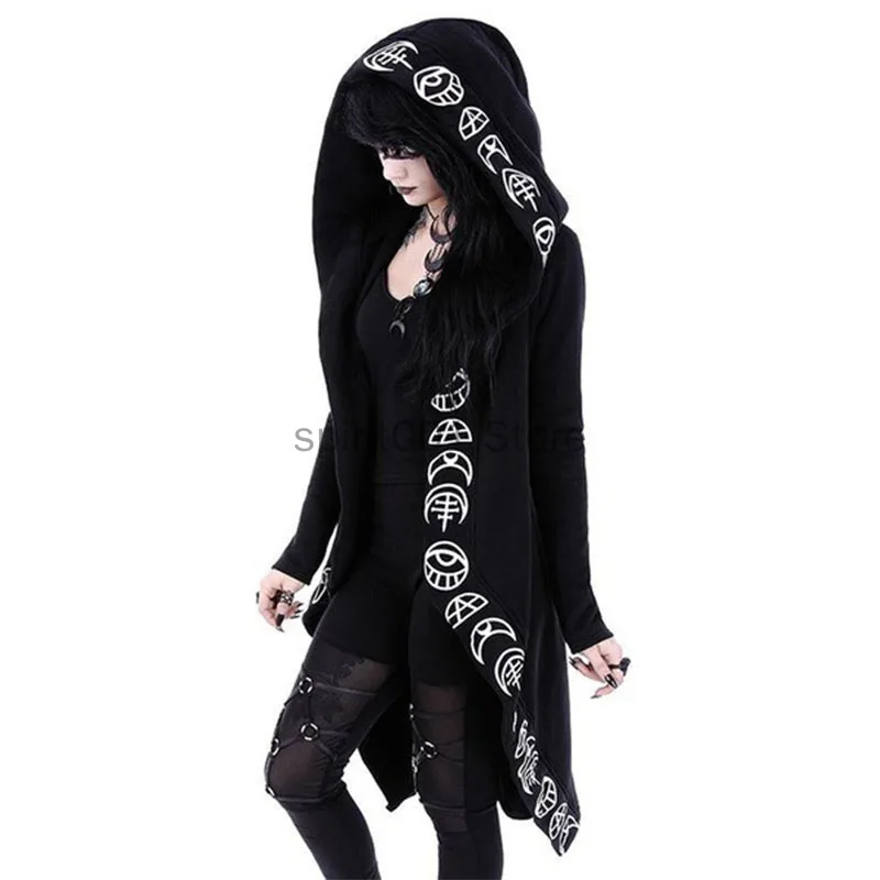 Halloween donne medievali Plus Size 5XL nero elegante stregoneria luna simbolo occulto stampa felpa con cappuccio a maniche lunghe