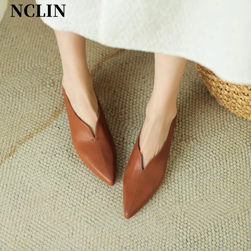 Spring/Summer Women Shoes Chunky Heel Pointed Toe Shoes Women Handmade Genuine Leather Shoes Low Heel Loafers Zapatos De Mujer