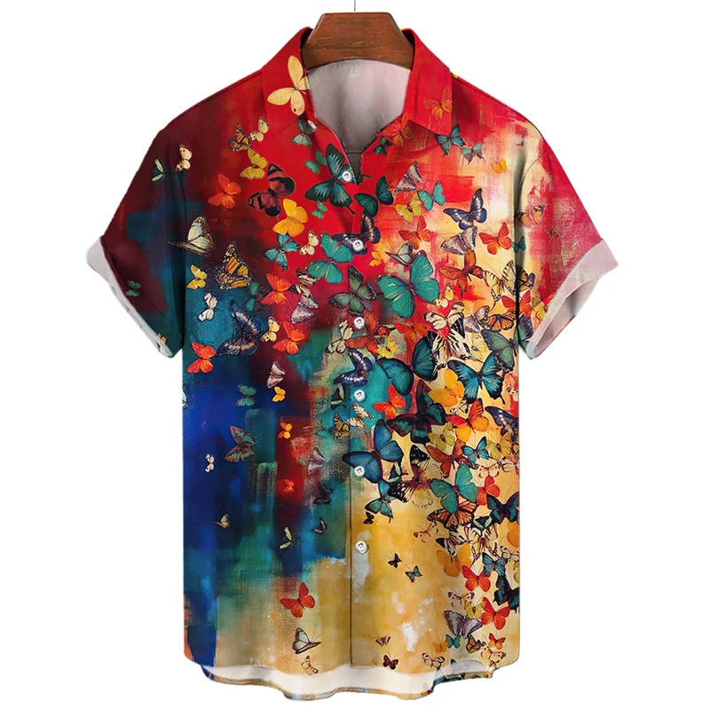 Fashion Colorful Butterfly 3d Print Hawaiian Shirt Men Summer Casual Short Sleeve Street Tops Beach Party Shirts Men Clothing