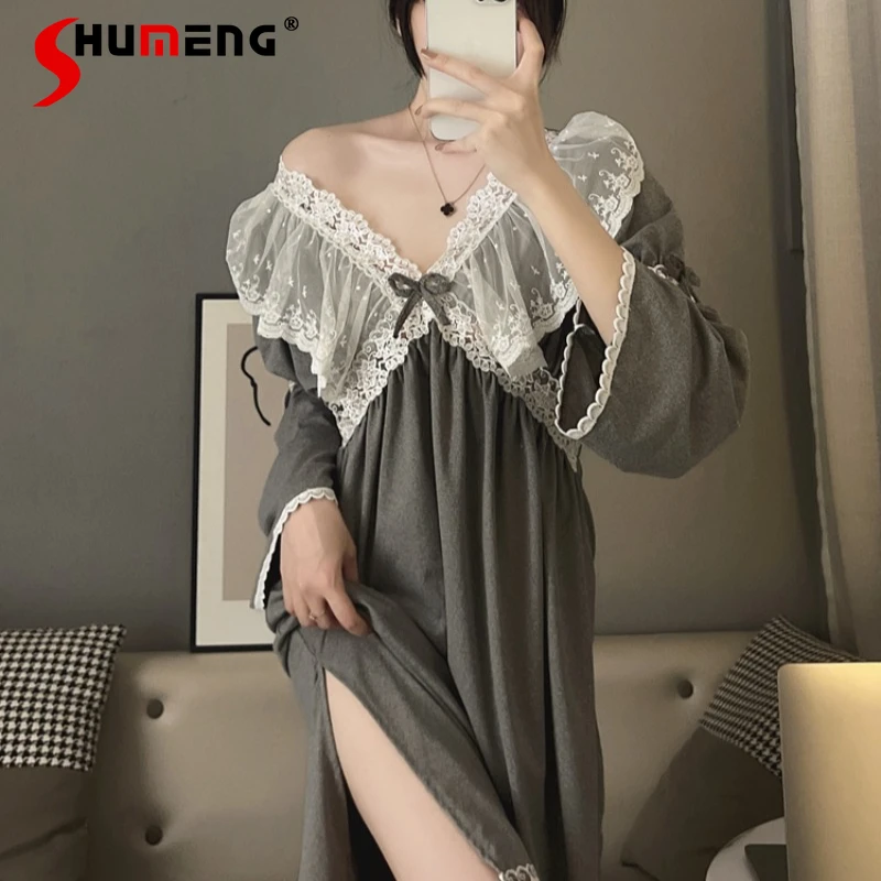 

Пижама женская из 100% хлопка с длинным рукавом, весна-осень, с разрезом, длинная ночная сорочка, женственная, сексуальная, кружевная, в стиле «чистое желание», для дома и отдыха