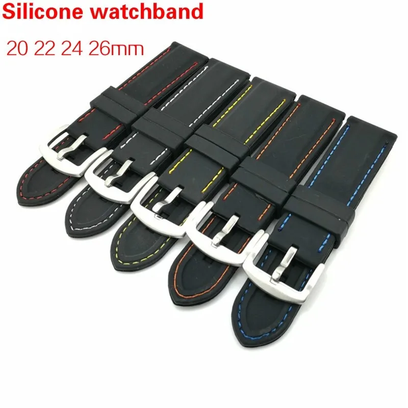 남녀공용 실리콘 플랫 범용 시계 밴드, 방수 소프트 핀 버클 스트랩, 블랙 스포츠 라인 시계 밴드, 20mm, 22mm, 24mm, 26mm