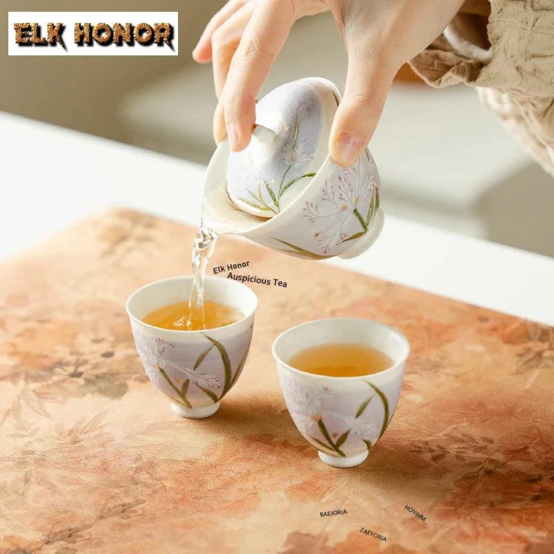 Rock Ore White Hand-painted Iris Flowe Tea Set Complete Set Creative Tea Ceremony Set Teapot and Tea Cup Set Drinkware Ornaments