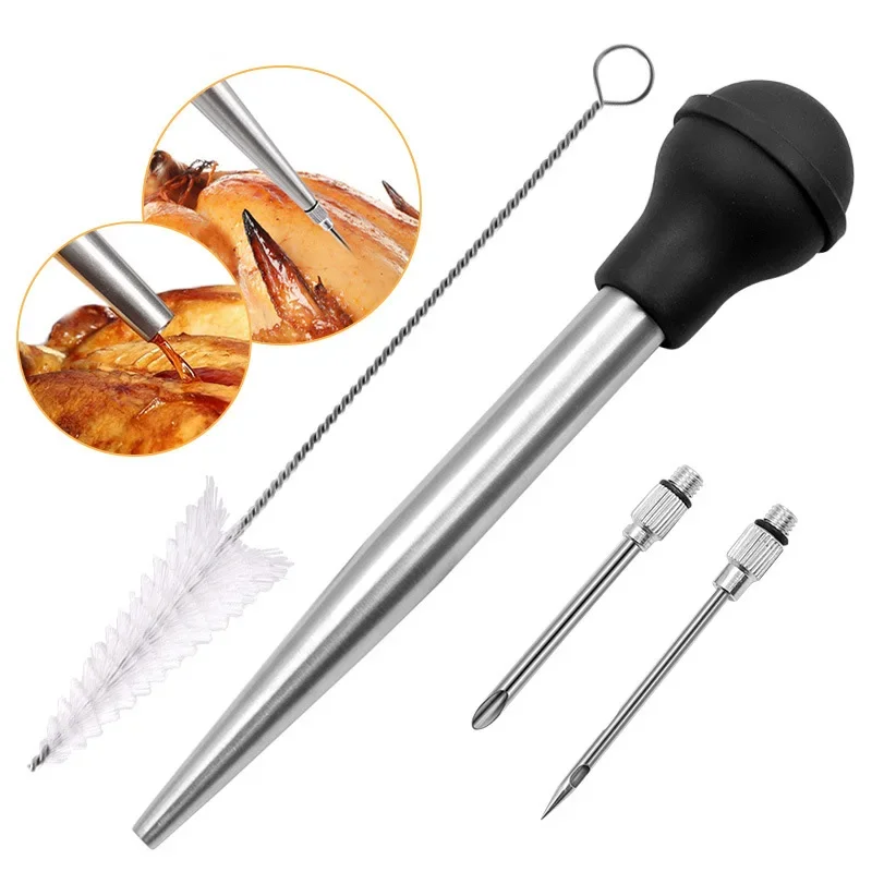 Stainless Steel Turkey Baster with Cleaning Brush Removable Meat Marinade Injector Turkey Needle Turkey Seasoning Pump BBQ Tool