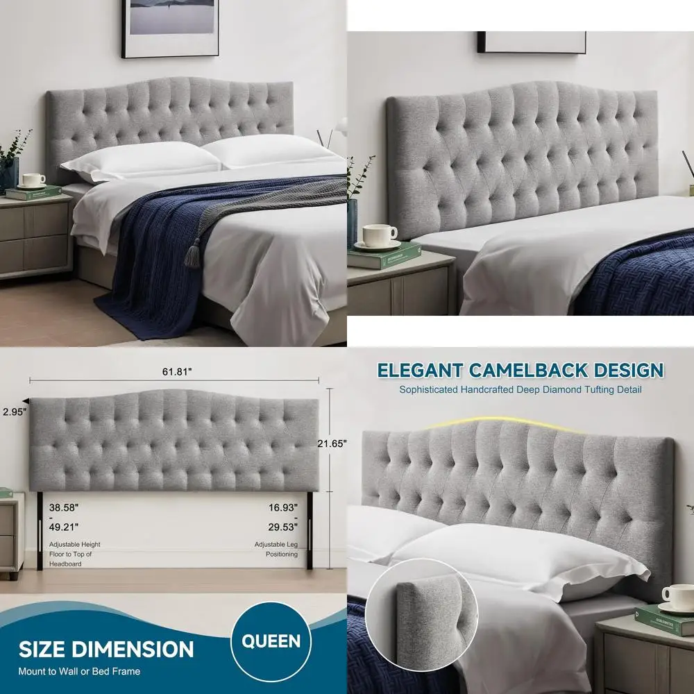 Queen Size Upholstered Linen Fabric Bed with Adjustable Height, 38-50, Durable Diamond Design Wood Frame, Light Gray