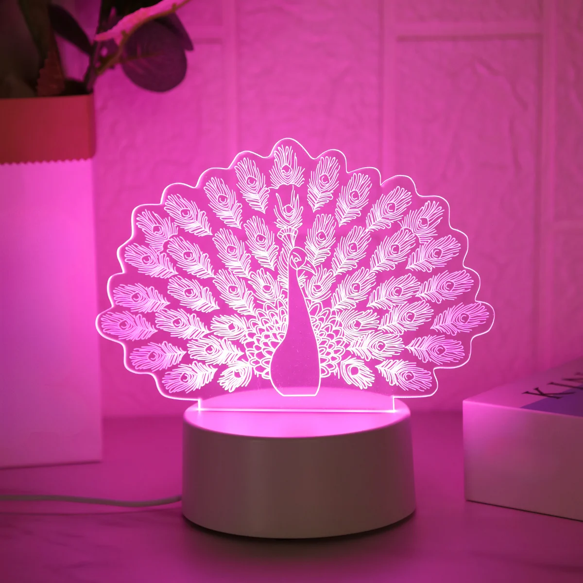 طاووس وردي ثلاثي الأبعاد ، ضوء ليلي إبداعي ، يعمل بمنفذ USB ، ديكور غرفة نوم وغرفة معيشة ، هدية عيد ميلاد ، هدية مهرجان