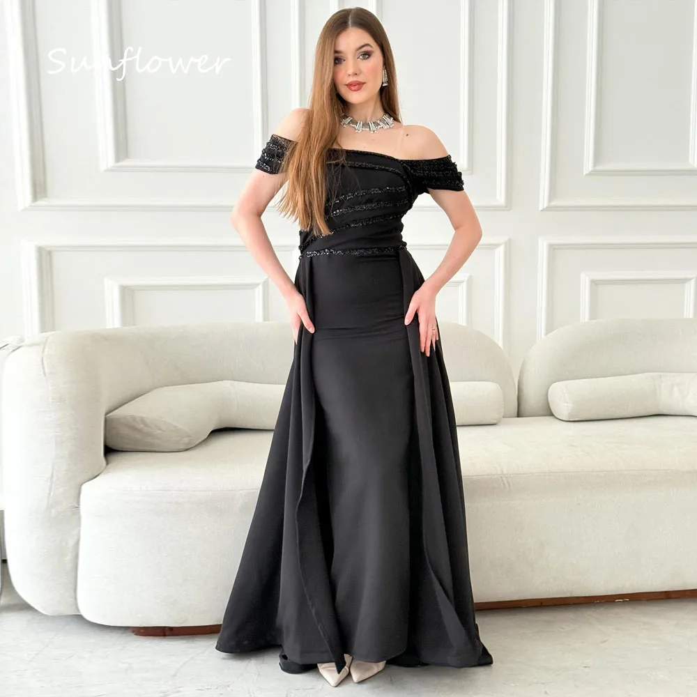

Sunflower Customized Black Beading Satin Evening Dress Off Shoulder Prom Dress Mermaid Floor-Length Formal Occasion Dress