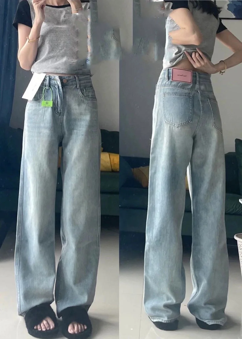 Women Jeans Basics Full Length Straight Wide Leg Pants High Waist Pockets Button Solid Color Vintage Trousers Casual Denims