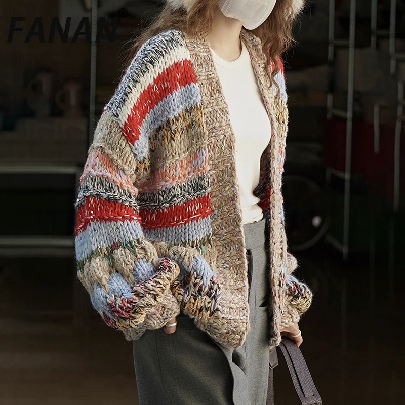 

FANAN модный шерстяной вязаный свитер контрастного цвета, женский кардиган, свободные пальто, офисные женские теплые топы, новинка зимы