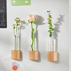 Mini Test Tube Glass Vase Wooden Magnetic DIY Hydroponic Plant Flower Arrangement Ornament Container Hanging Bonsai Decorating