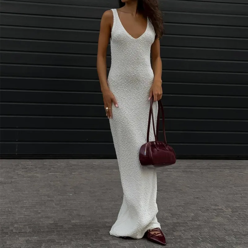 

Women Sexy Knitted Hollow Out Long Dress Elegant Bodycon Sleeveless V-neck Side Slit Versatile Dresses Summer Hip Package Robes