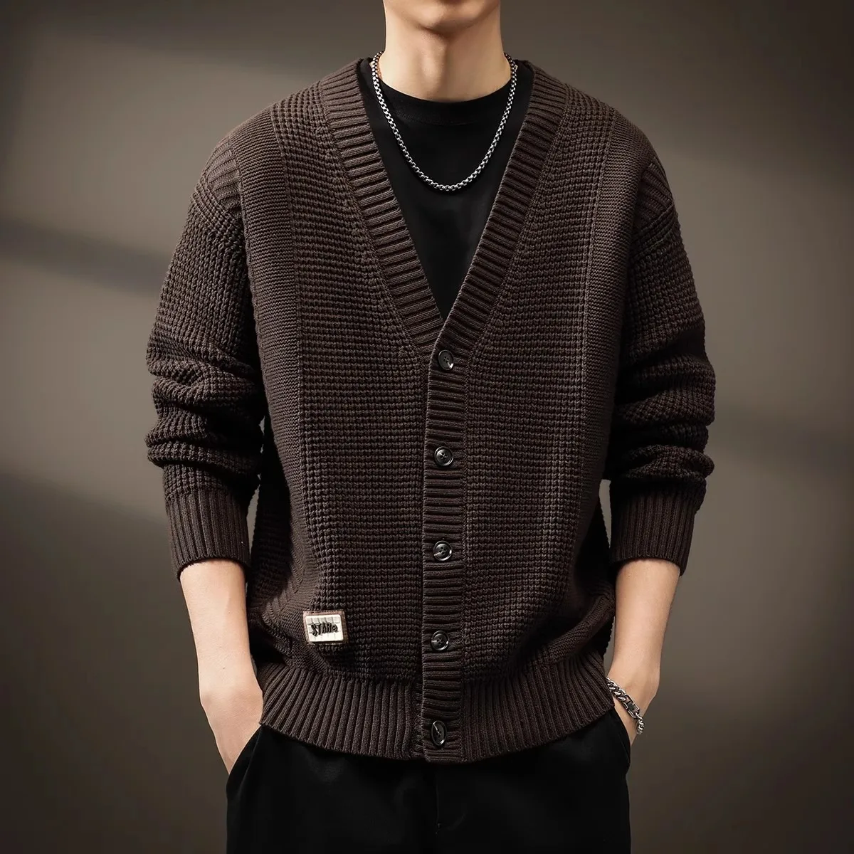 

Retro American V-ne Open Cardigan Sweater Men's Autumn Winter Casual Loose Knitted Sweater Outerwear Comfortable Medium Gauge