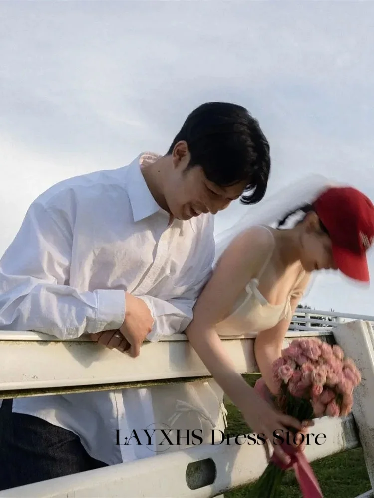 LAYXHS ファッションスパゲッティストラップのウェディングドレスチュールロングリボン A ラインブライダルガウンカスタマイズされたローブデマリー