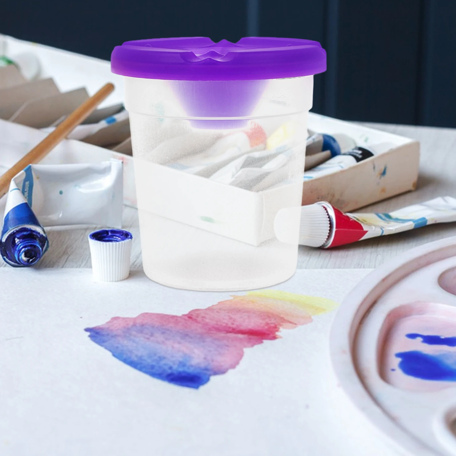 

6Pcs Leak Proof Plastic Paint Cups Transparent Paint Brush Holder Spill Proof Painting Accessories for Kids Art Supplies