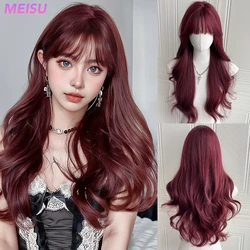 MEISU Deep Red Curly Wave Bangs Wig 26 Inch Fiber Synthetic Wig Heat-resistant Natural Party or Selfie For Women Gold Pink Brown