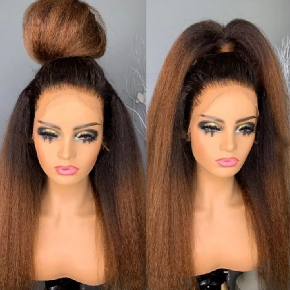 Natural Hairline Ombre Brown Yaki  26inch 180density Soft Kinky Straight Lace Front Wig For Women Baby Hair Synthetic Glueless