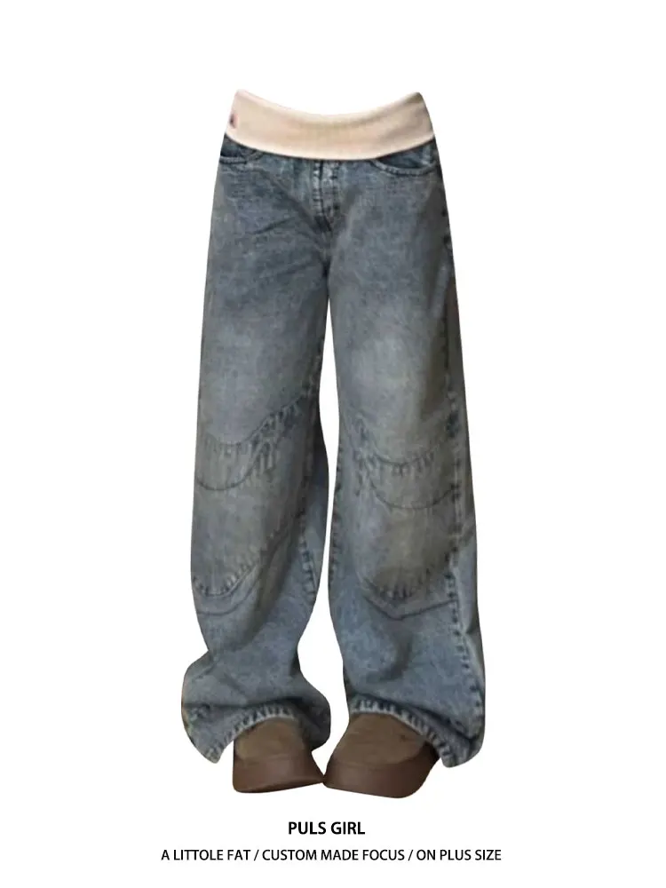 

American Retro Washed Rope Waist Design Jeans Women's Loose Wide Leg Long Pants Casual High Waist Vintage Style Denim Trousers