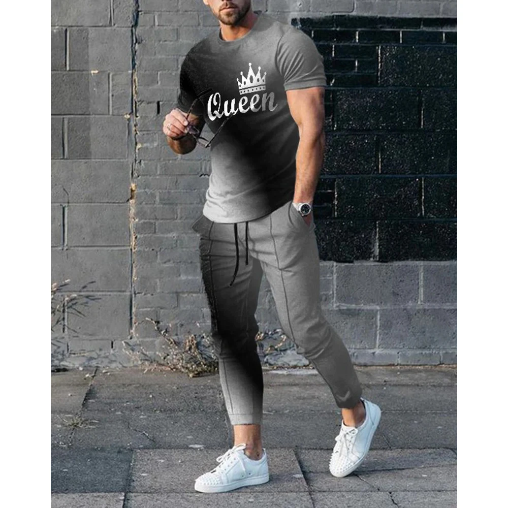 Calças masculinas treino 2 peça conjunto 3d impresso verão manga curta t camisa + calças compridas treino masculino roupas de rua