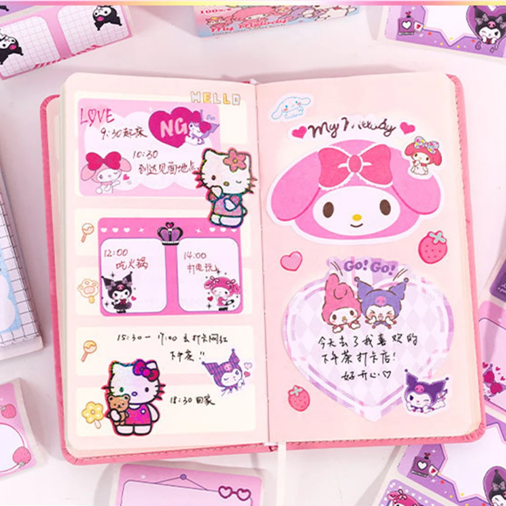 New 100Pcs Sanrio Sticky Note Stickers Cute Kuromi Melody Hand Made Accessories Paper Glue Tape Sticker Kid Toys