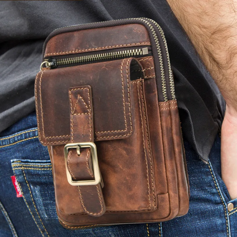 British Style Top Layer Cowhide Crazy Horse Cowhide Men One Shoulder Crossbody Bag Fashion Casual Leather Sports Phone Waistpack