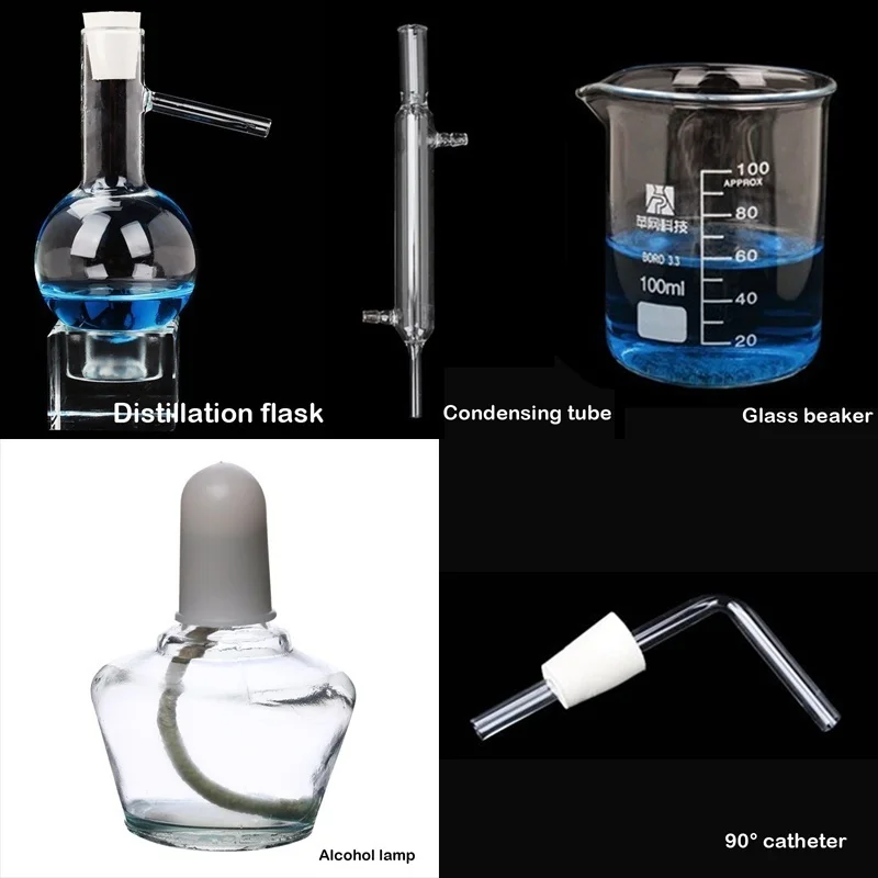 New 100ml Lab Essential Oil Distillation Apparatus Water Purifier Glassware Home Distiller 10pcs Kits