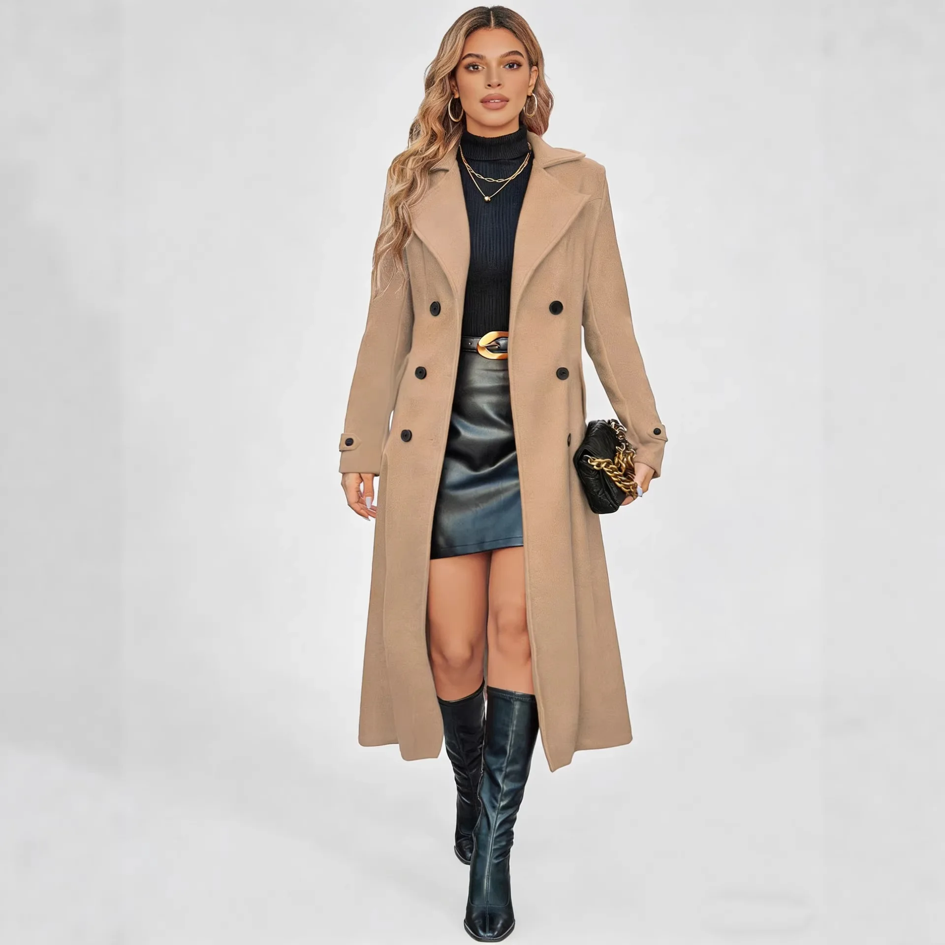 Timeless Long Double Breasted Coat Lapel Collar Long Sleeve Belted Pockets Solid Color Warm Cozy Thick Winter Outerwear Overcoat