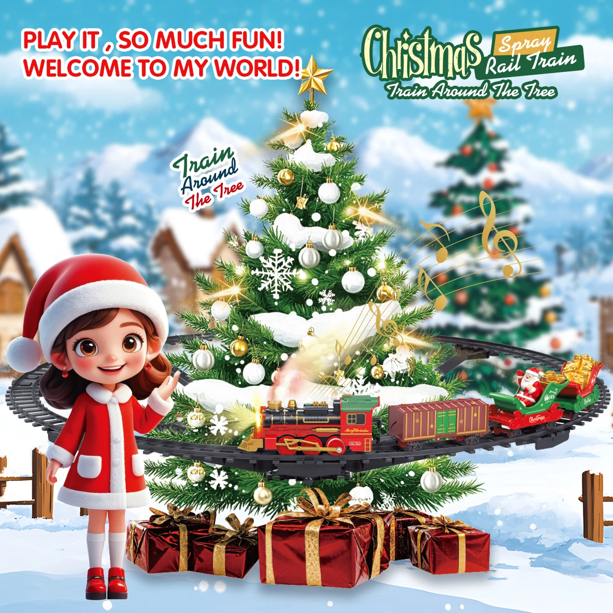 Christmas Tree Track Spray Train Toy with Sound and Light Effects - Interactive Gift for Kids